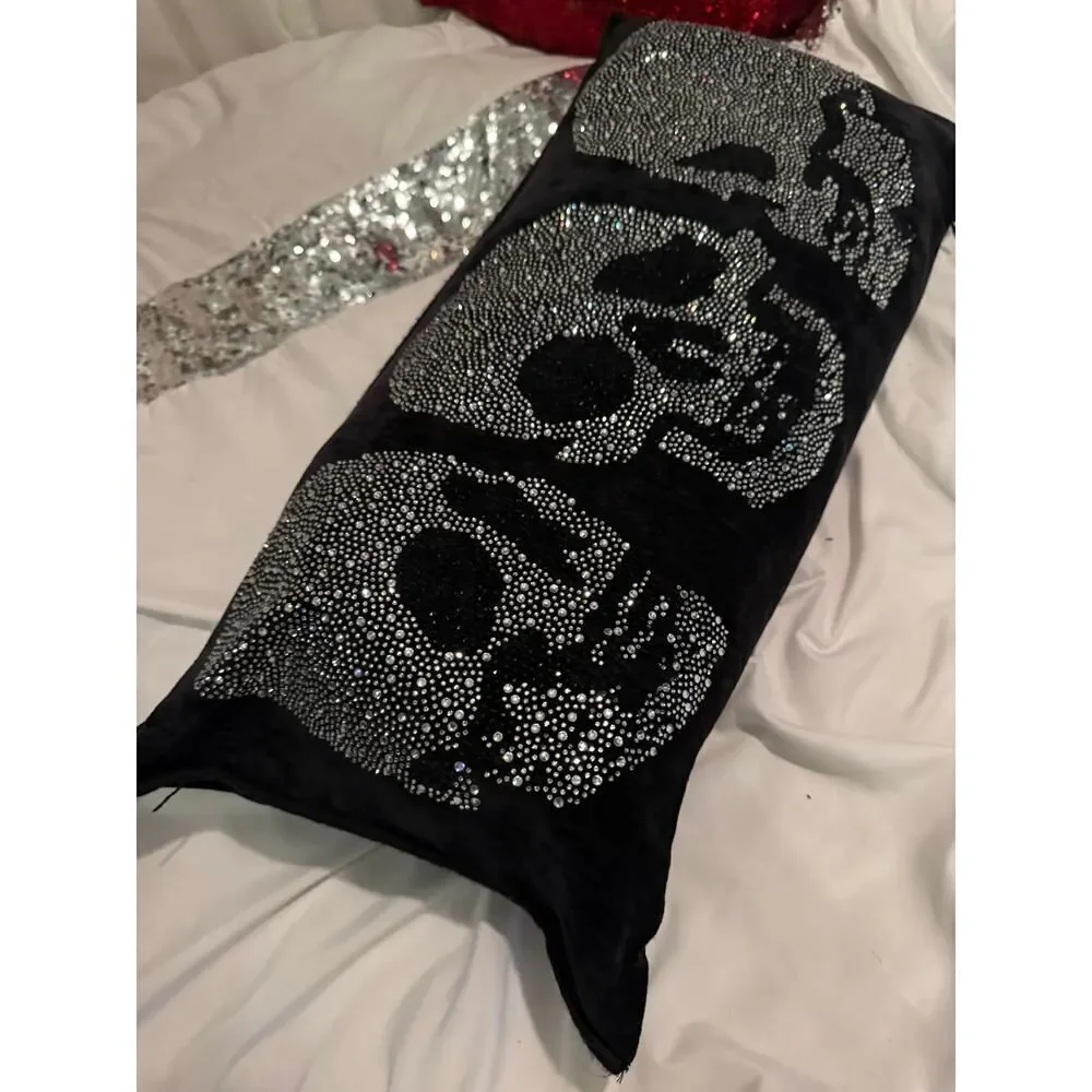 M. Magaschoni designer black velvet feather lumbar pillow accent/skulls bling